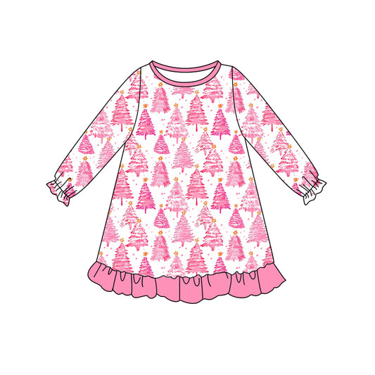 no moq GLD1126 PRE-ORDER baby girl clothes Christmas trees pink long sleeve dress-2025.6.10