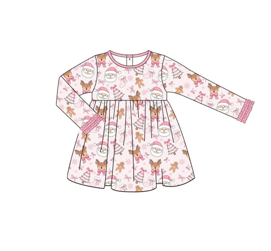 no moq GLD1131 PRE-ORDER baby girl clothes Christmas trees bow pink long sleeve dress-2025.6.12