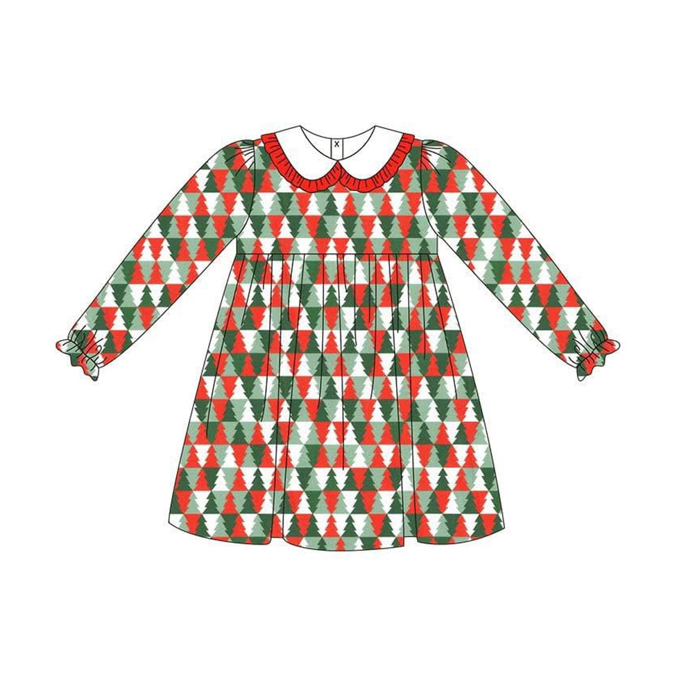 no moq GLD1132 PRE-ORDER baby girl clothes Christmas trees long sleeve dress-2025.6.12
