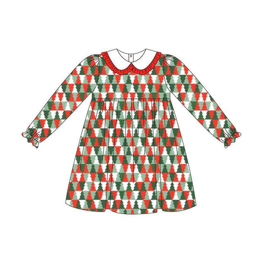 no moq GLD1132 PRE-ORDER baby girl clothes Christmas trees long sleeve dress-2025.6.12
