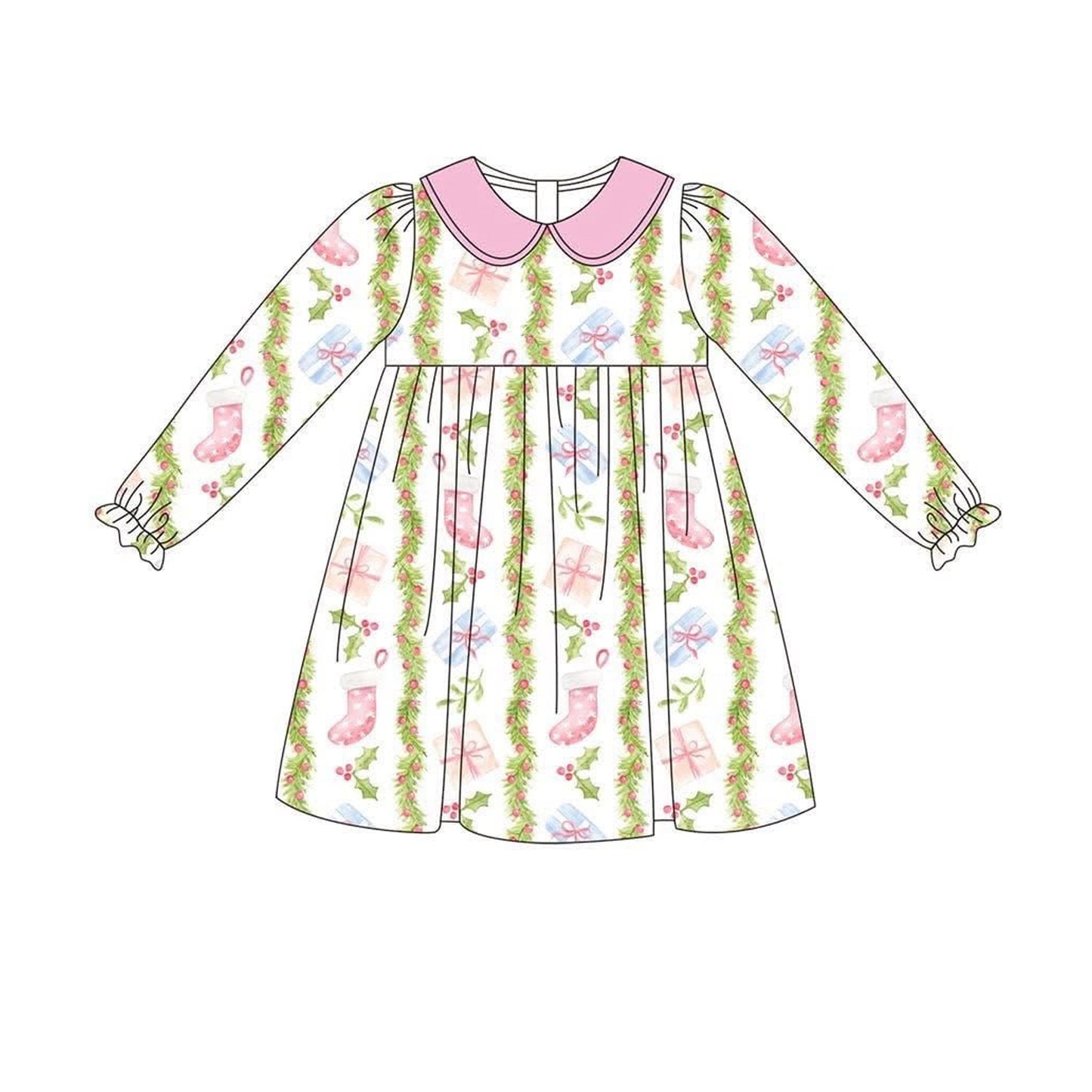 no moq GLD1133 PRE-ORDER baby girl clothes Christmas gift bow pink long sleeve dress-2025.6.12