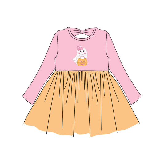 no moq GLD1163 PRE-ORDER baby girl clothes halloween pumpkin bow long sleeve dress-2025.6.24