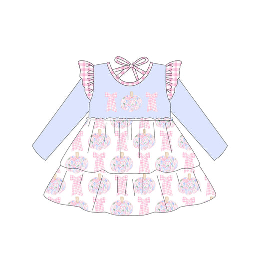 no moq GLD1169 PRE-ORDER baby girl clothes pumpkin bow blue long sleeve dress-2025.6.25