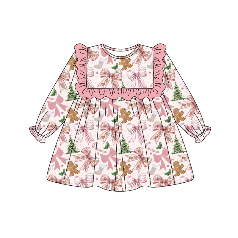 no moq GLD1176 PRE-ORDER baby girl clothes Christmas bow pink long sleeve dress-2025.6.27
