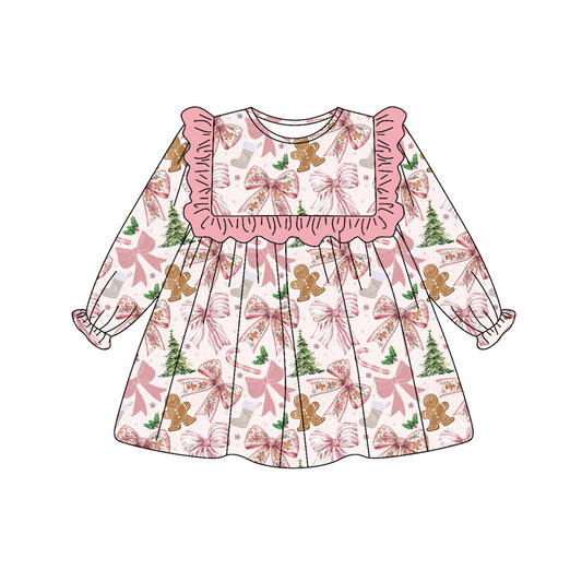no moq GLD1176 PRE-ORDER baby girl clothes Christmas bow pink long sleeve dress-2025.6.27