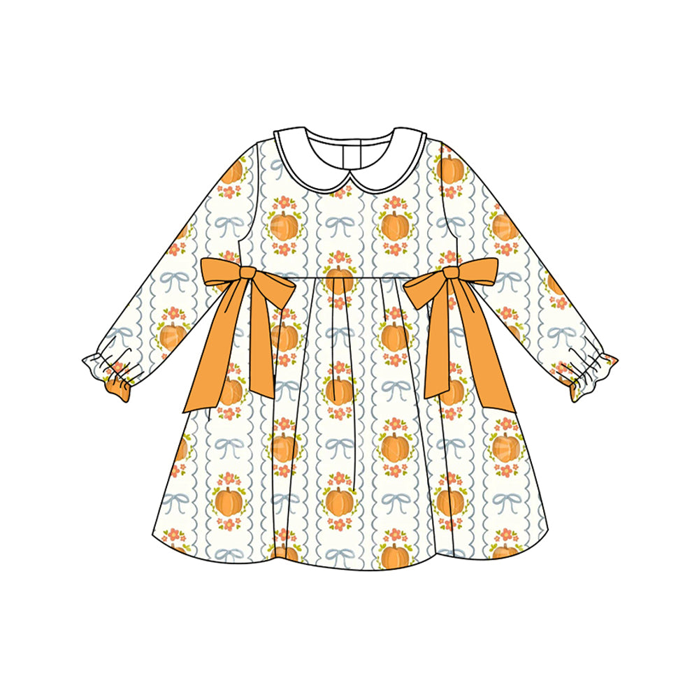 (Pre Order) No moq GLD1180 PRE-ORDER baby girl clothes pumpkin bow long sleeve dress-2025.7.3