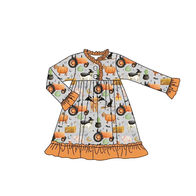 (Pre Order) No moq GLD1208 PRE-ORDER baby girl clothes pumpkin long sleeve dress-2025.7.16