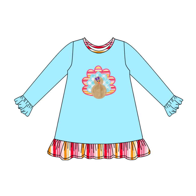 (Pre Order) No moq GLD1212 PRE-ORDER baby girl clothes turkey blue long sleeve dress-2025.7.17