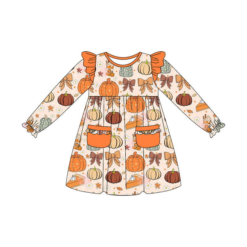 (Pre Order) No moq GLD1221 PRE-ORDER baby girl clothes pumpkin bow orange long sleeve dress-2025.7.22