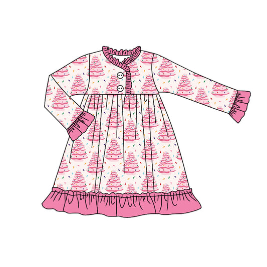 (Pre Order) No moq GLD1225 PRE-ORDER baby girl clothes Christmas trees pink long sleeve dress-2025.7.22