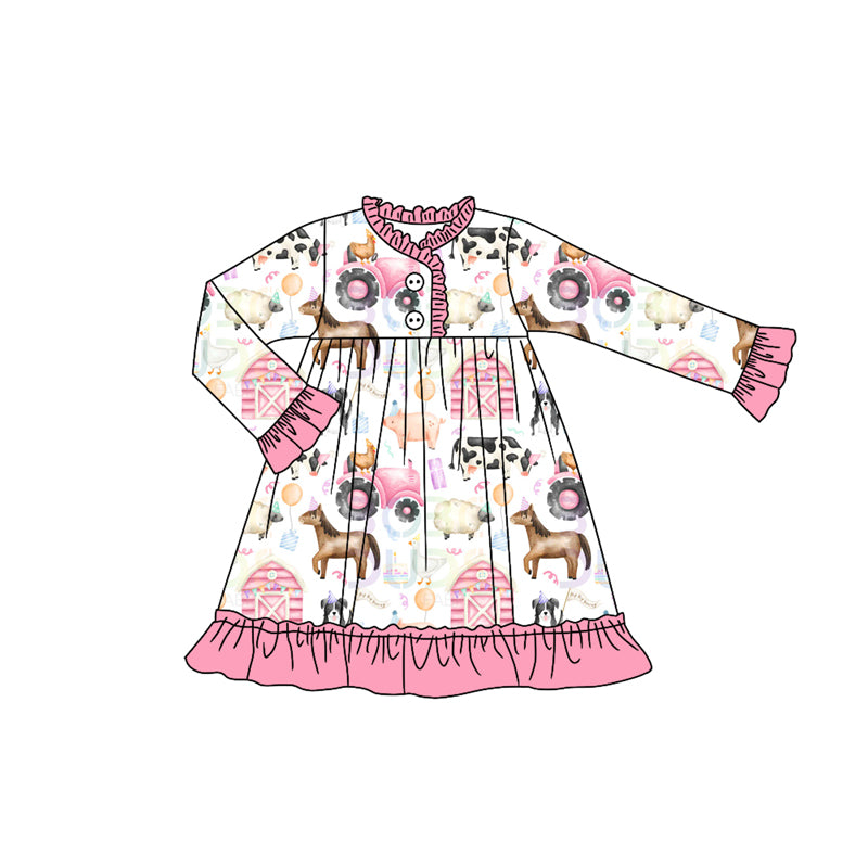 (Pre Order) No moq GLD1244 PRE-ORDER baby girl clothes farm animal long sleeve dress-2025.7.30
