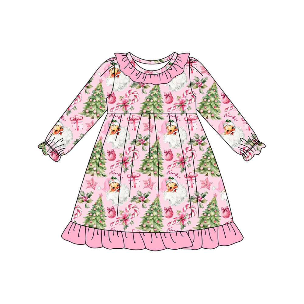 (Pre Order) No moq GLD1245 PRE-ORDER baby girl clothes Christmas trees pink long sleeve dress-2025.7.31