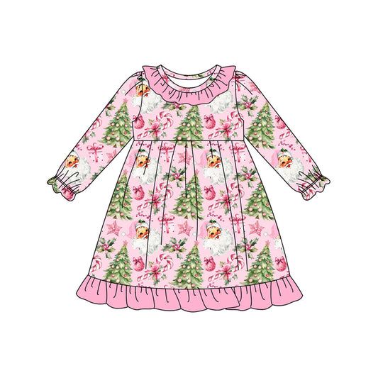 (Pre Order) No moq GLD1245 PRE-ORDER baby girl clothes Christmas trees pink long sleeve dress-2025.7.31