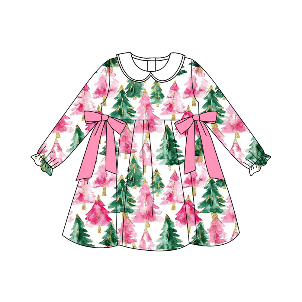 (Pre Order) No moq GLD1246 PRE-ORDER baby girl clothes Christmas trees pink long sleeve dress-2025.7.31