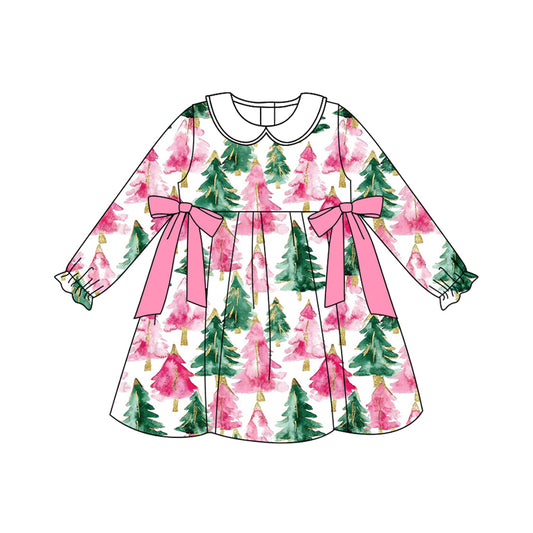 (Pre Order) No moq GLD1246 PRE-ORDER baby girl clothes Christmas trees pink long sleeve dress-2025.7.31