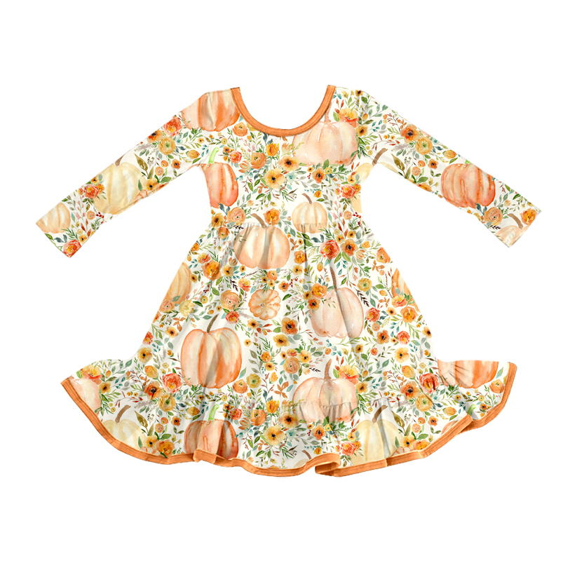 (Pre Order) No moq GLD1248 PRE-ORDER baby girl clothes pumpkin floral long sleeve dress-2025.8.2
