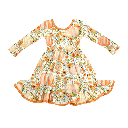 (Pre Order) No moq GLD1248 PRE-ORDER baby girl clothes pumpkin floral long sleeve dress-2025.8.2