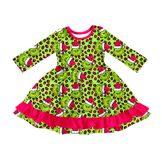 (Pre Order) No moq GLD1253 PRE-ORDER baby girl clothes Christmas cartoon green long sleeve dress-2025.8.2