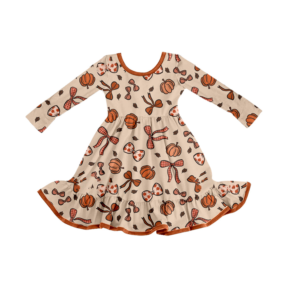 (Pre Order) No moq GLD1255 PRE-ORDER baby girl clothes pumpkin bow long sleeve dress-2025.8.4