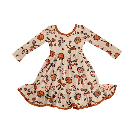 (Pre Order) No moq GLD1255 PRE-ORDER baby girl clothes pumpkin bow long sleeve dress-2025.8.4