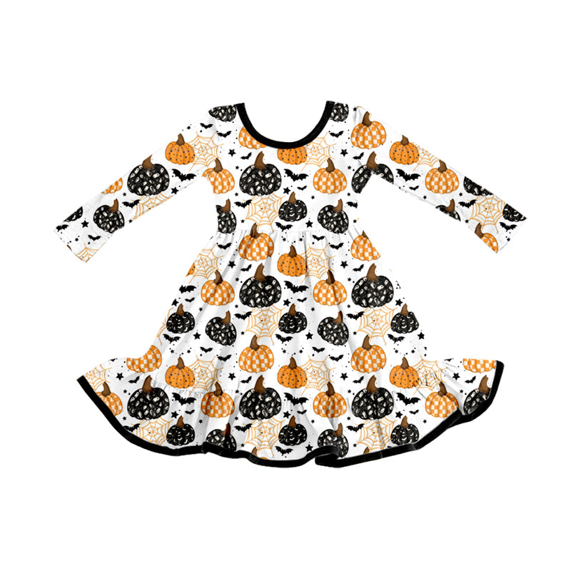 (Pre Order) No moq GLD1261 PRE-ORDER baby girl clothes halloween pumpkin long sleeve dress-2025.8.7