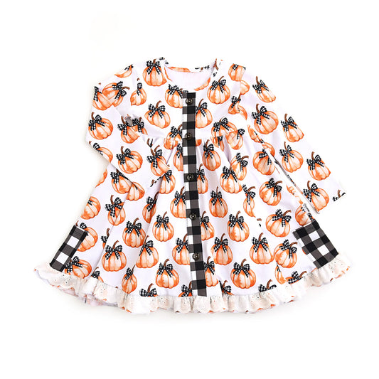 (Pre Order) No moq GLD1266 PRE-ORDER baby girl clothes pumpkin bow long sleeve dress-2025.8.11