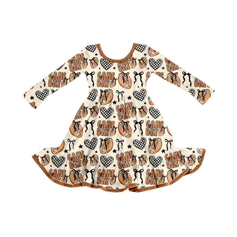 (Pre Order) No moq GLD1270 PRE-ORDER baby girl clothes GAME DAY rugby bow long sleeve dress-2025.8.16