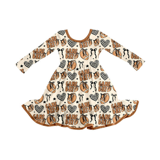 (Pre Order) No moq GLD1270 PRE-ORDER baby girl clothes GAME DAY rugby bow long sleeve dress-2025.8.16