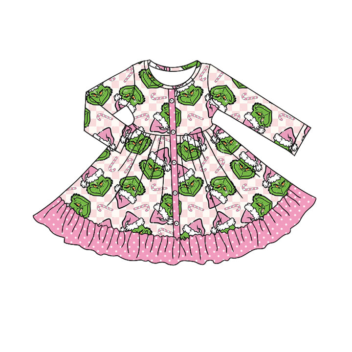 (Pre Order) No moq GLD1273 PRE-ORDER baby girl clothes Christmas cartoon pink long sleeve dress-2025.8.18