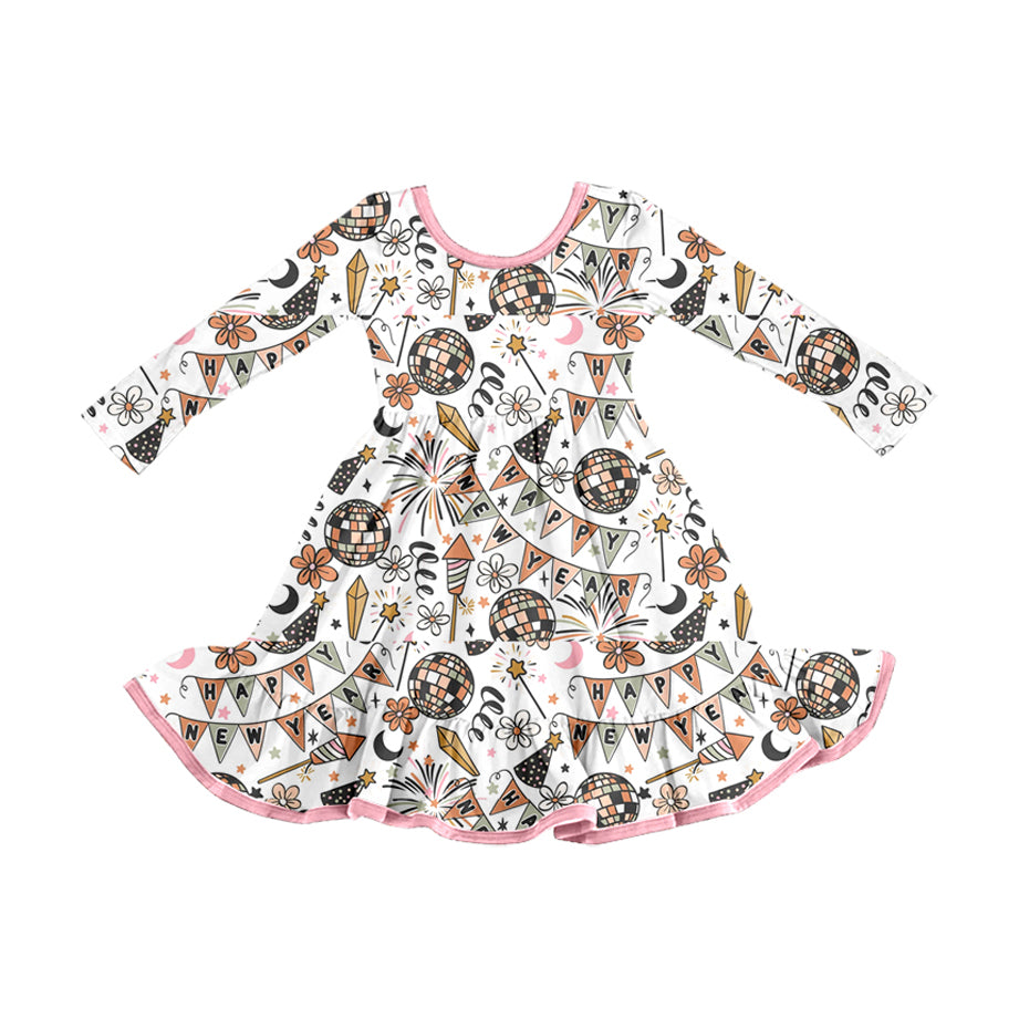 (Pre Order) No moq GLD1282 PRE-ORDER baby girl clothes HAPPY NEWYEAR long sleeve dress-2025.8.26