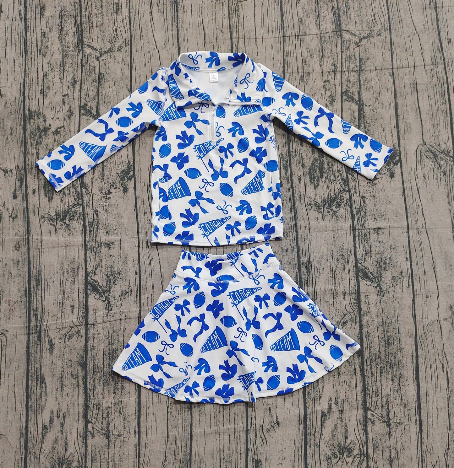 (Pre Order) No moq GLD1283 PRE-ORDER baby girl clothes yoga rugby bow blue long sleeve skirts sets-2025.10.1