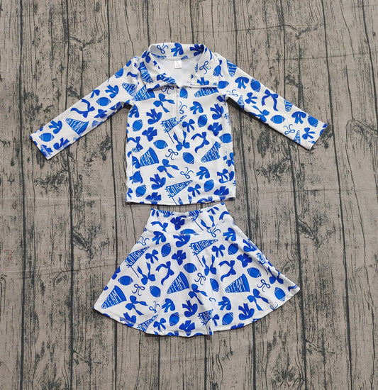 (Pre Order) No moq GLD1283 PRE-ORDER baby girl clothes yoga rugby bow blue long sleeve skirts sets-2025.10.1