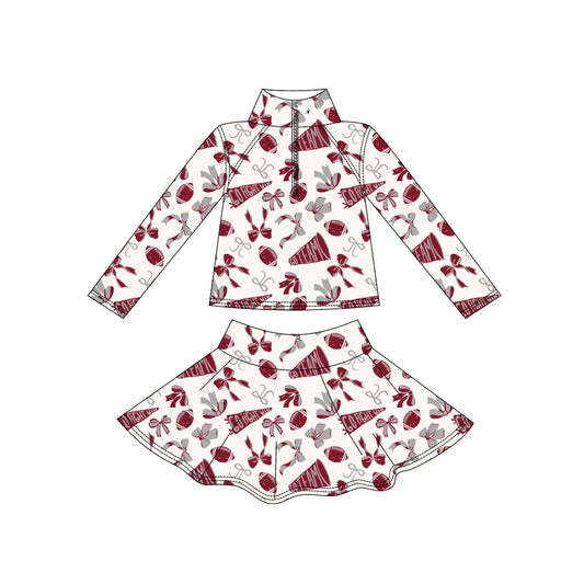 (Pre Order) No moq GLD1284 PRE-ORDER baby girl clothes yoga rugby bow brick red long sleeve skirts sets-2025.9.1