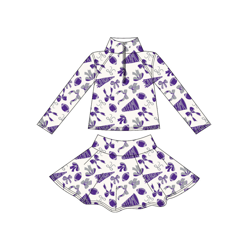 (Pre Order) No moq GLD1287 PRE-ORDER baby girl clothes yoga rugby bow purple long sleeve skirts sets-2025.9.1