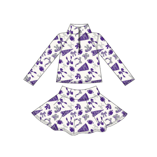 (Pre Order) No moq GLD1287 PRE-ORDER baby girl clothes yoga rugby bow purple long sleeve skirts sets-2025.9.1