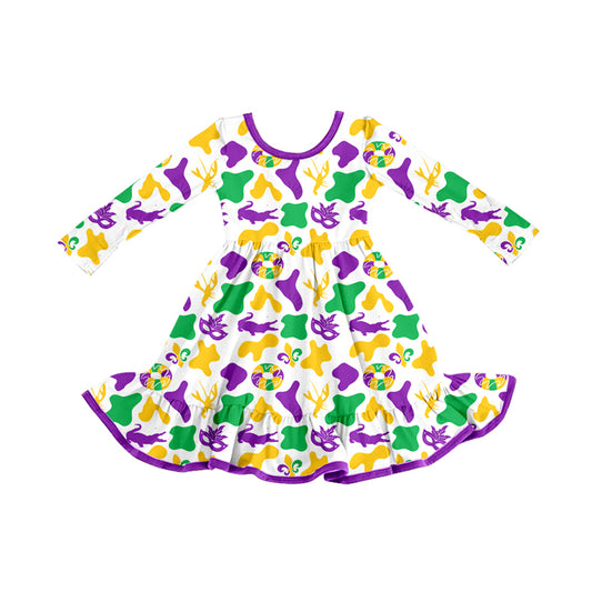(Pre Order) No moq GLD1291 PRE-ORDER baby girl clothes mardi gras long sleeve dress-2025.9.4