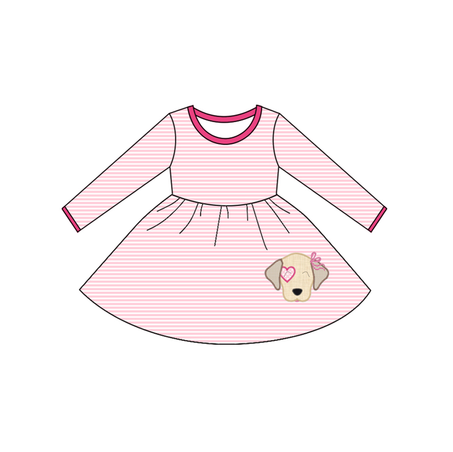 (Pre Order) No moq GLD1298 PRE-ORDER baby girl clothes puppy pink long sleeve dress-2025.9.9