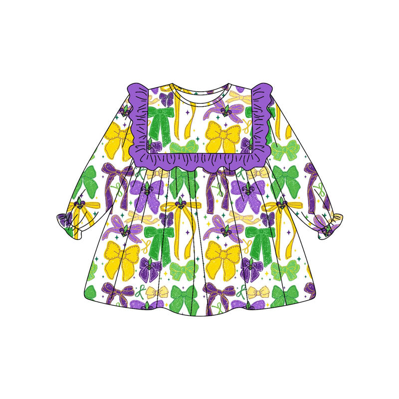 (Pre Order) No moq GLD1308 PRE-ORDER baby girl clothes bow purple long sleeve dress-2025.9.11