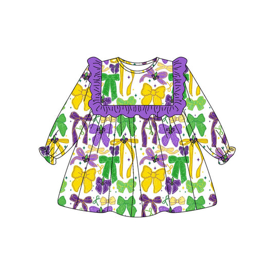 (Pre Order) No moq GLD1308 PRE-ORDER baby girl clothes bow purple long sleeve dress-2025.9.11