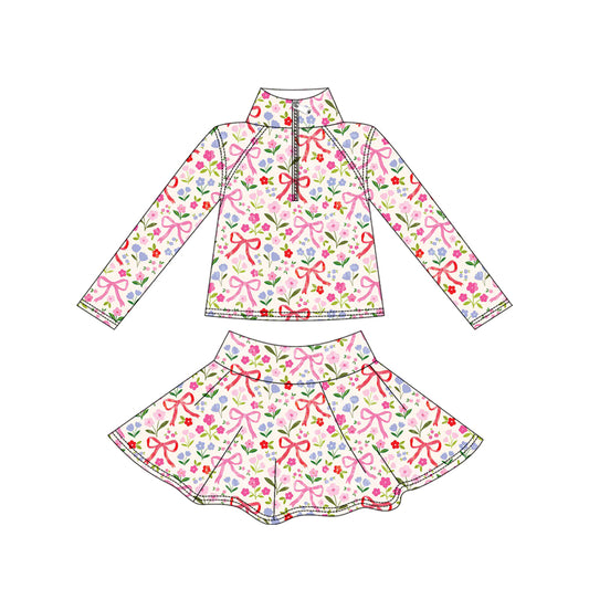 (Pre Order) No moq GLD1309 PRE-ORDER baby girl clothes yoga bow floral long sleeve skirts sets-2025.9.12