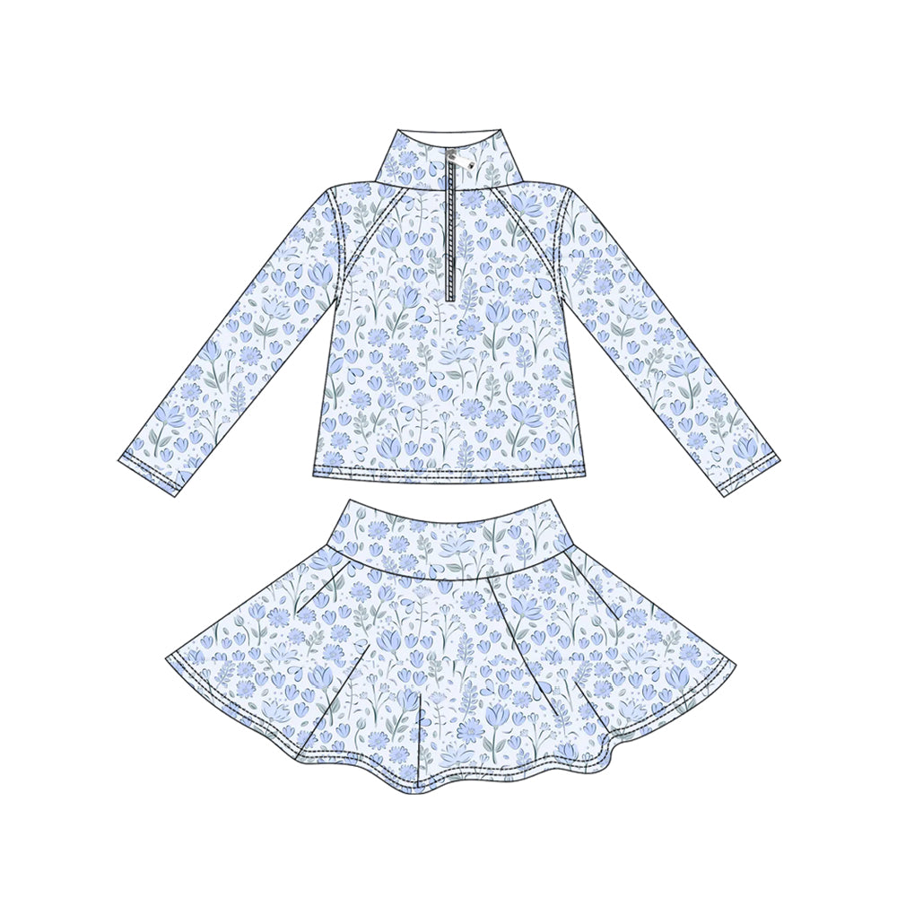 (Pre Order) No moq GLD1310 PRE-ORDER baby girl clothes yoga floral blue long sleeve skirts sets-2025.9.12