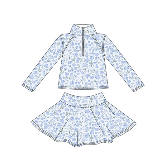 (Pre Order) No moq GLD1310 PRE-ORDER baby girl clothes yoga floral blue long sleeve skirts sets-2025.9.12