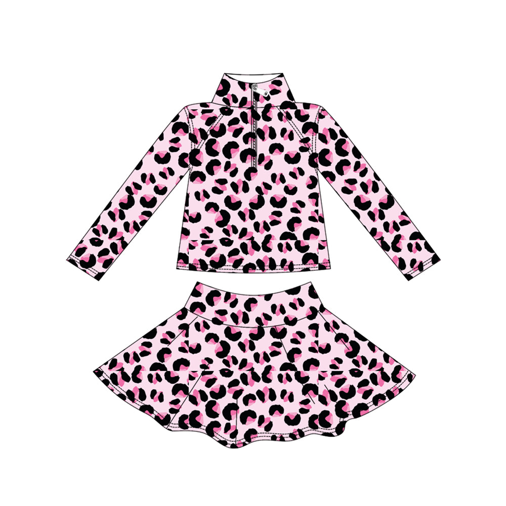 (Pre Order) No moq GLD1313 PRE-ORDER baby girl clothes yoga leopard long sleeve skirts sets-2025.9.12