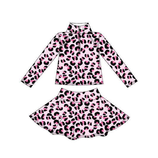 (Pre Order) No moq GLD1313 PRE-ORDER baby girl clothes yoga leopard long sleeve skirts sets-2025.9.12