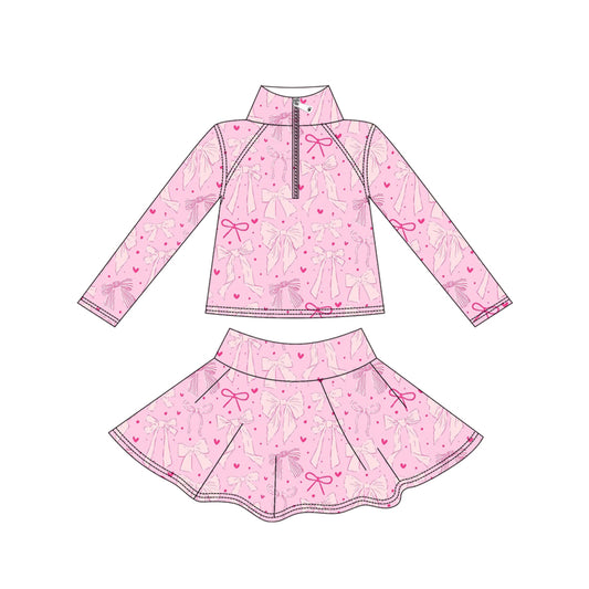 (Pre Order) No moq GLD1314 PRE-ORDER baby girl clothes yoga bow pink long sleeve skirts sets-2025.9.12