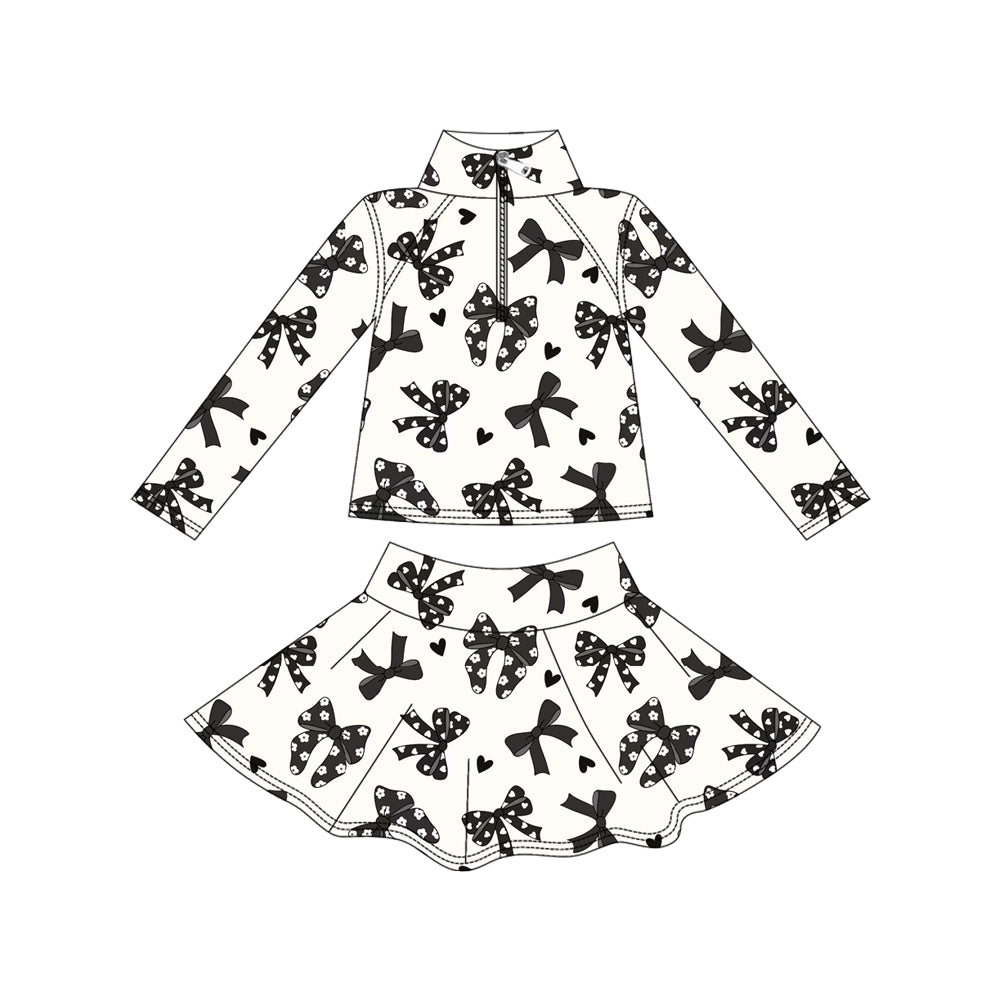 (Pre Order) No moq GLD1317 PRE-ORDER baby girl clothes yoga bow love black long sleeve skirts sets-2025.9.12