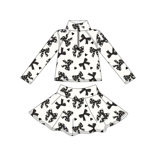 (Pre Order) No moq GLD1317 PRE-ORDER baby girl clothes yoga bow love black long sleeve skirts sets-2025.9.12