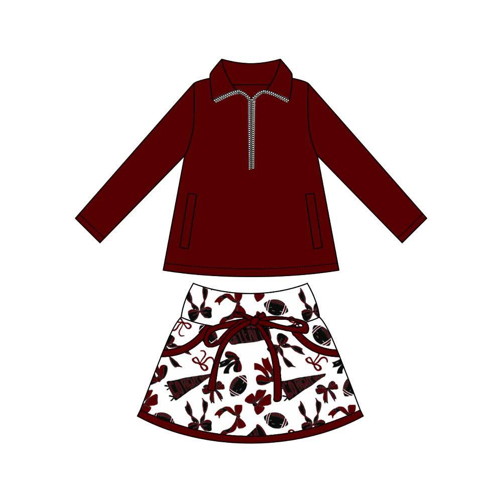 (Pre Order) No moq GLD1323 PRE-ORDER baby girl clothes yoga team bow brick red long sleeve skirts sets-2025.9.13