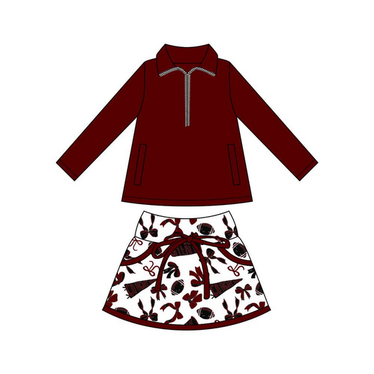 (Pre Order) No moq GLD1323 PRE-ORDER baby girl clothes yoga team bow brick red long sleeve skirts sets-2025.9.13