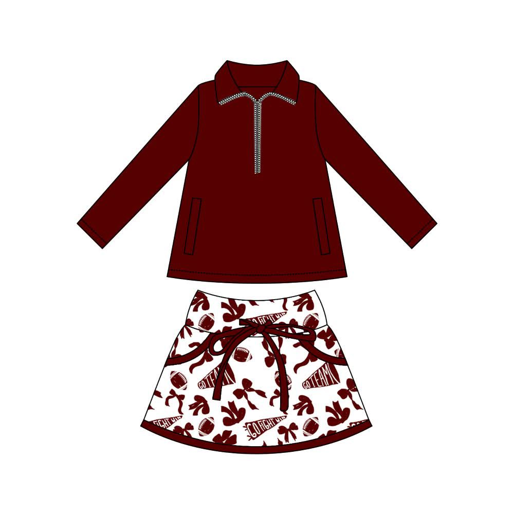 (Pre Order) No moq GLD1324 PRE-ORDER baby girl clothes yoga team bow brick red long sleeve skirts sets-2025.9.13